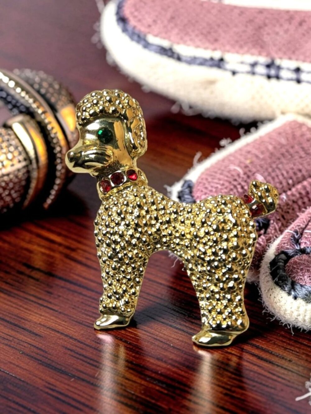 Vintage Womens Gold Tone Green and Red Rhinestones Poodle Brooch